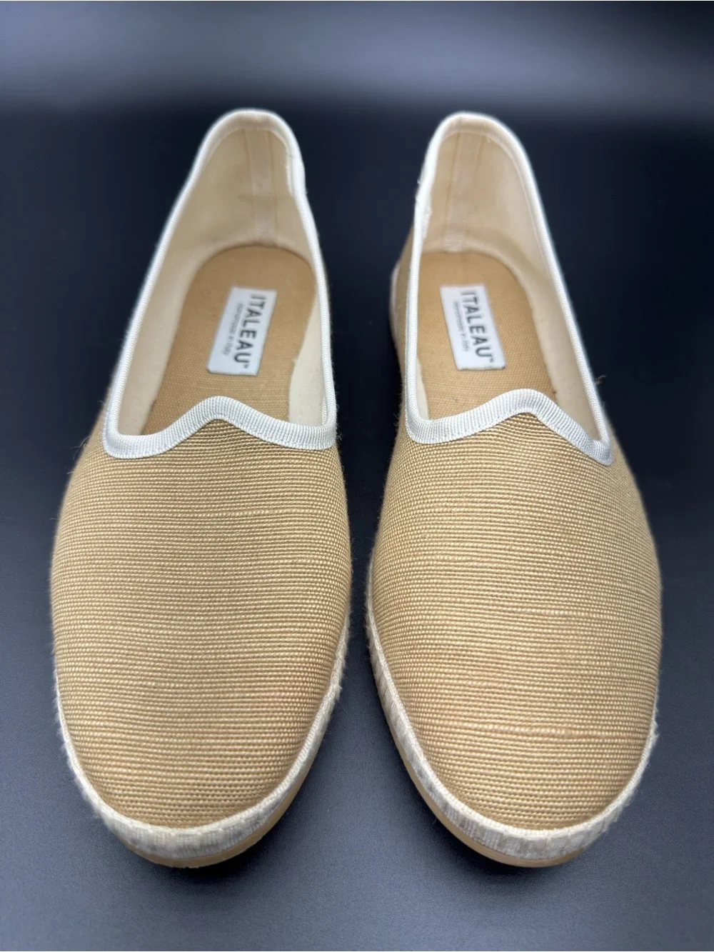 ITALEAU Women's Tan Canvas Espadrille Slip-Ons with Ivory Trim